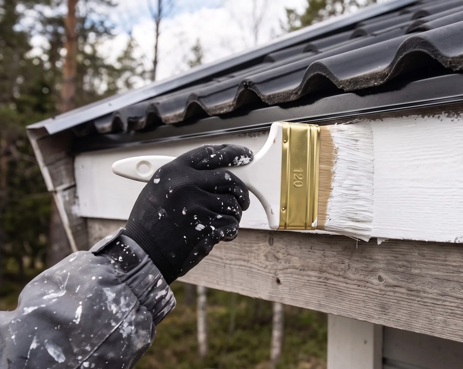 Maalari maalaamassa puutalon julkisivua valkoiseksi